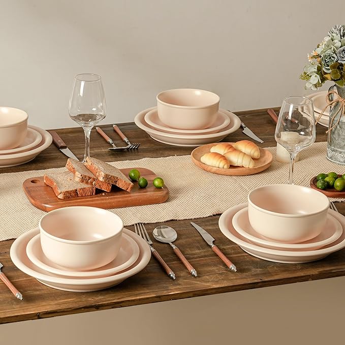 Plates and Bowls Sets 12 Piece Ceramic Stoneware Dinnerware Set for Family and Gatherings Dishes Set for 4 Dishwasher &amp Microwave Safe Handcrafted Dishware Sets Terracotta White