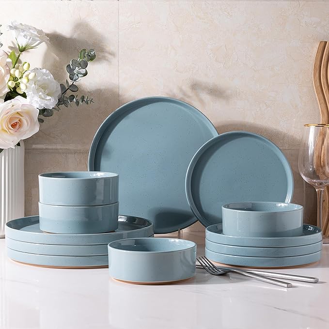 AmorArc Ceramic Dinnerware Set for 4 | Speckled Stoneware Plates and Bowls with unglazed terracotta | Scratch Resistant Dishwasher &amp Microwave Safe Dishes Sets- 12-Pcs Blue