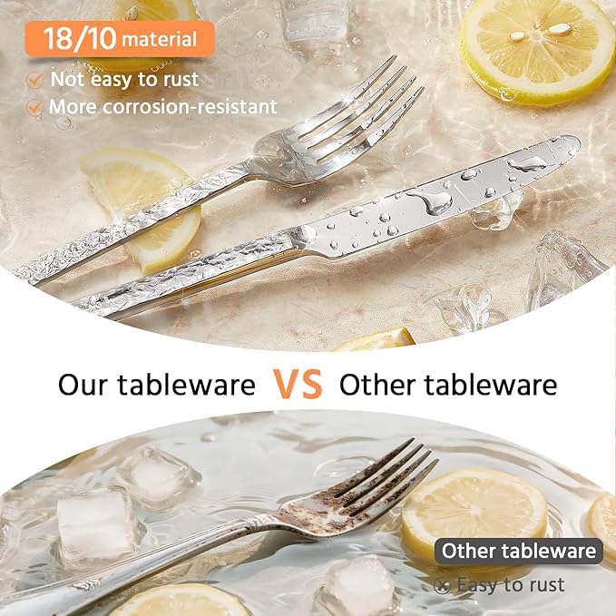 KINGSTONE 60 Pcs Hammered Silverware Set for 12 18/10 Stainless Steel Heavy Duty Flatware Set Tableware Cutlery Utensil Sets for Home Restaurant Dishwasher Safe