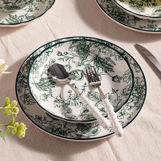 56 Piece Ceramic Dinnerware Set Microwave &amp Dishwasher Safe Plates and plates and bowls setss Sets with Green Rose Pattern Porcelain Dishware Sets for Kitchen &amp Dining