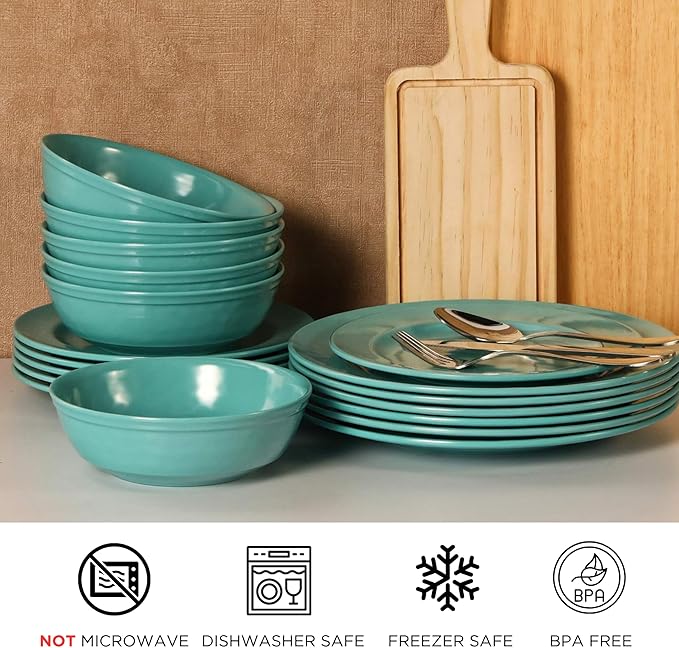 TP 18-Piece Dinnerware Set Melamine Dishes Set with Bowls and Plates Service for 6 Non-breakable Lightweight Dining Tableware Teal
