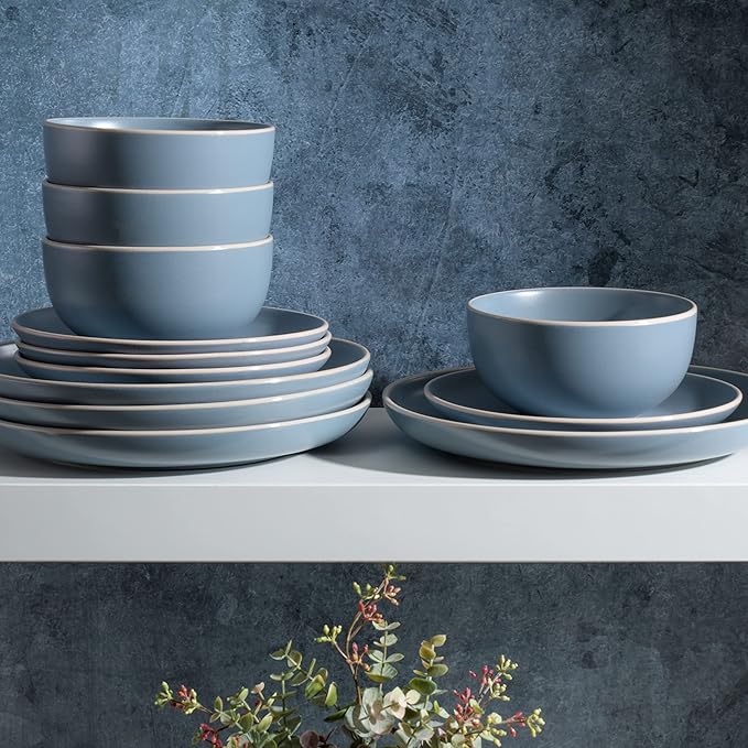 Gibson Home Rockaway 12-Piece Round Stoneware Dinnerware Set Service for 4 – Blue Plates and Bowls Microwave &amp Dishwasher Safe
