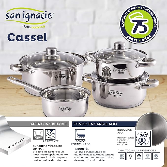 7-Piece Stainless Steel Battery: Saucepan Without lid Ø16 / saucepans with lid Ø18 / Ø20 and Ø24 (4.0L) and Set of 3 Pans Ø16/20/24 cm Pressed Aluminium