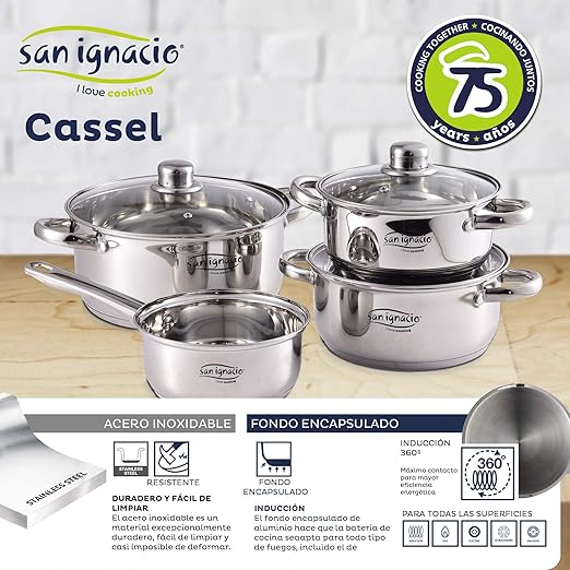 San Ignacio 7-Piece Cookware Set - Stainless Steel Includes 16 x 7.5 cm Casserole 18 x 8.5 cm Saucepan with Lid 20 x 9.5 cm Saucepan with Lid 24 x 11.5 cm Casserole with Lid