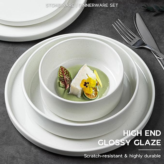 Stoneware Dinnerware Sets for 2 Onader Speckled Plates and Bowls 8 Pieces Ceramic Dish Dinner Set with Pasta Bowl Microwave &amp Dishwasher Safe - Cloud White