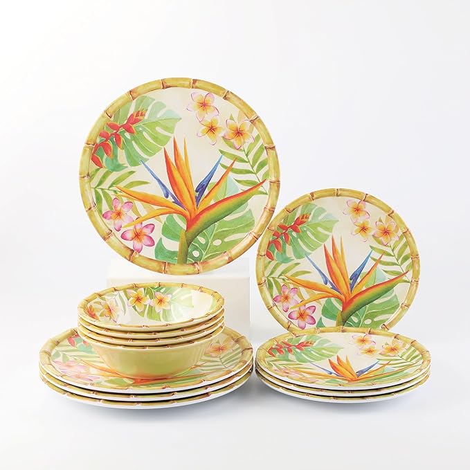 UPware 12 Piece Bird of Paradise Melamine Dinnerware Sets Outdoor Dishes Set Plates and Bowls Sets Service for 4 Multicolor