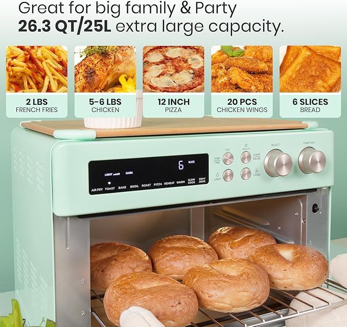 VAL CUCINA Retro Style Infrared Heating Air Fryer Toaster Oven Extra Large Countertop Convection Oven 10-in-1 Combo 6-Slice Toast Enamel Baking Pan Easy Clean with Recipe Book Green Color