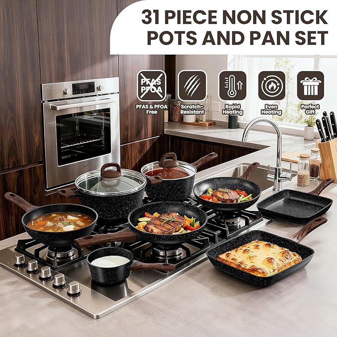 Pots and Pans Set Non Stick 31 Piece Kitchen Induction Cookware &amp Bakeware Set Nonstick Kitchen Cooking Pans Set with Frying Pans Set Grill Pan Saucepan Baking Sheet &amp Utensils PFOA Free
