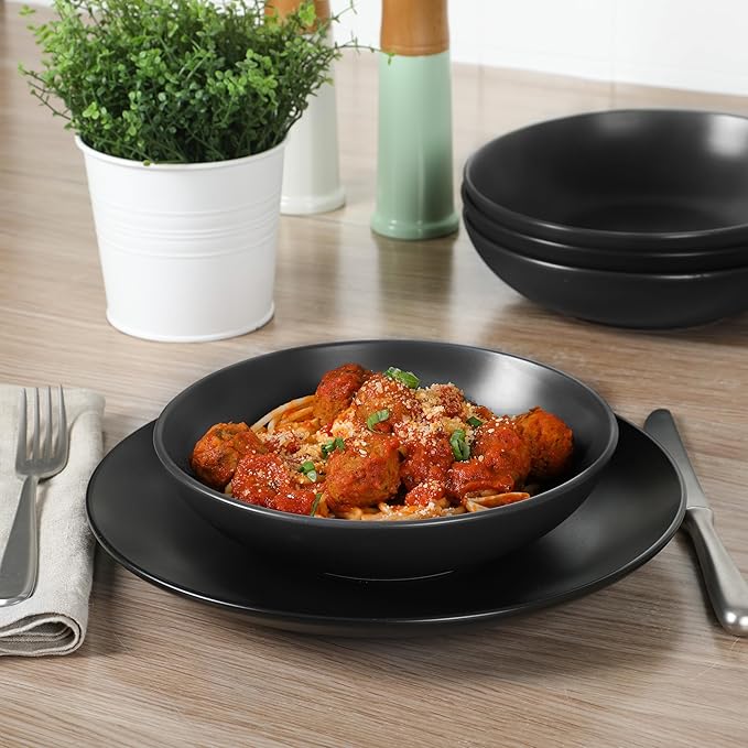 Gibson Home Queenslane 16-Piece Matte Black Stoneware Dinnerware Set – Double Bowl Plates and Bowls Durable Kitchen Dinner Set