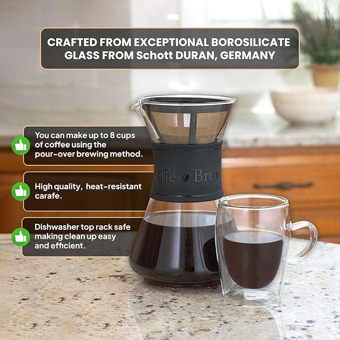 CAFE BREW COLLECTION Pour Over Coffee Maker with Permanent Filter 1.2 Liter 40 Ounce Black Band