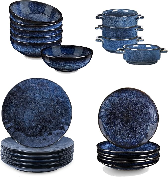 22-Piece Ceramic Dinnerware Set VICRAYS Ceramic Dinner Plates Salad Plates Bowls Set - Microwave Oven and Dishwasher Safe - Scratch Resistant - Suitable for Home Party Restaurant(Blue)