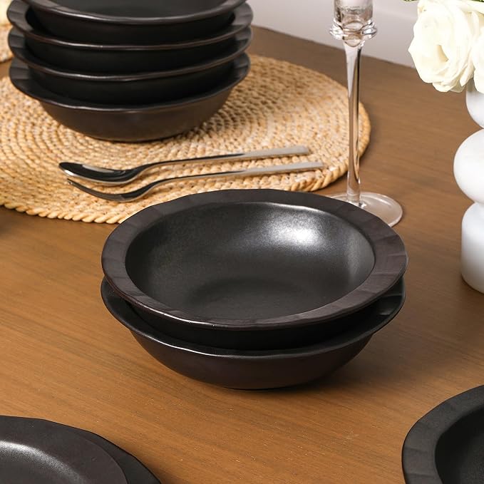 Stone Lain Oasis Stoneware 24 Piece Dinnerware Set Home Kitchen Dish Set with Dinner Plates Salad Plates &amp Bowls - Service for 8 Black