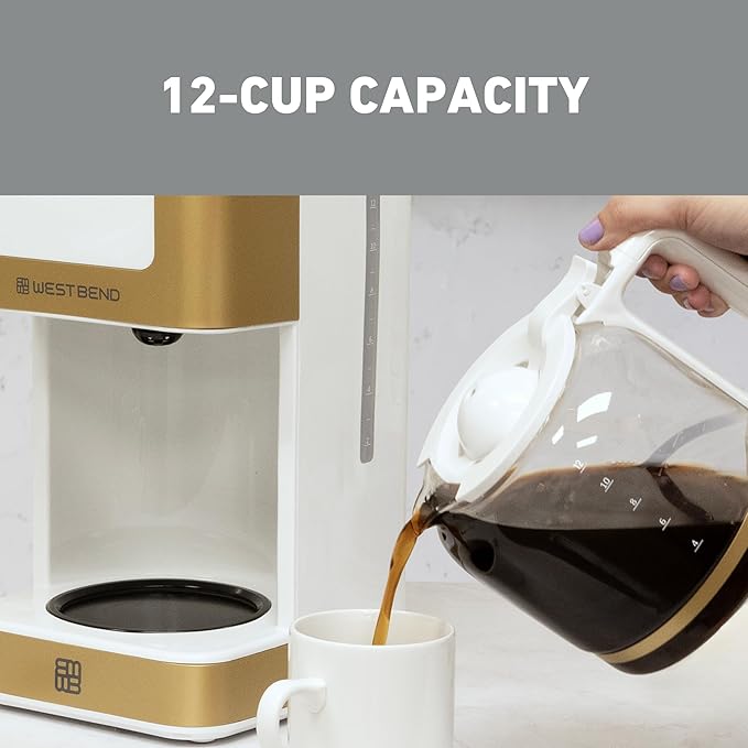 West Bend Timeless 12-Cup Programmable Coffee Maker with Brew Strength Selector for Hot and Iced Coffee Includes 1-4 Cup Brew Option and Permanent Filter