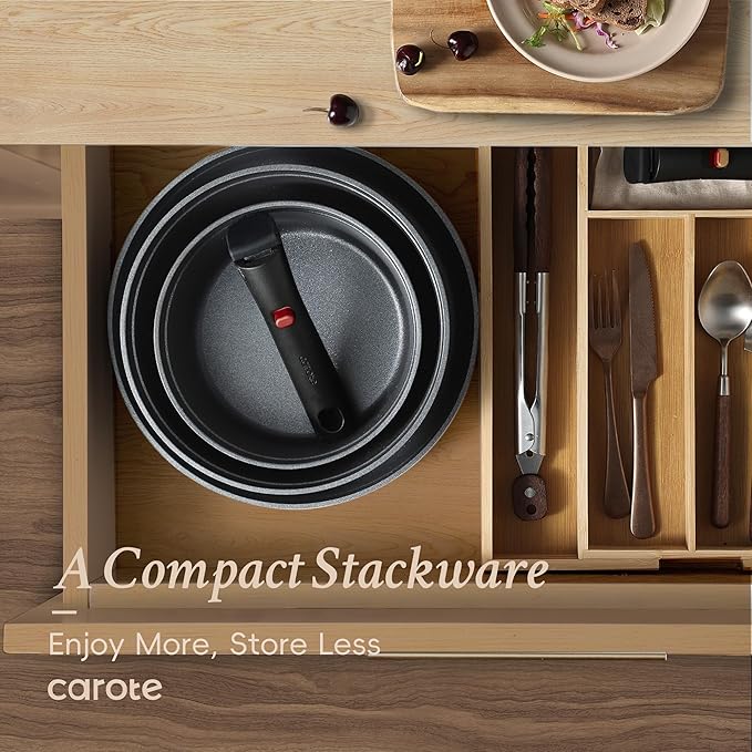 CAROTE Pots and Pans Set Non Stick Cookware Sets Oven/Fridge Safe Space Saving Pots Set 11pcs Kitchen Set Nonstick Set with Versatile Removable/Detachable Handle Induction RV Set Red and Black