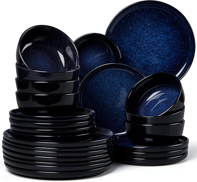 LIANYU 24 Piece Dinnerware Plate and Bowls Dishes Sets for 8 Modern Stoneware Ceramic Set Kitchen Round Dinning Ware Dishware Set Dishwasher and Microwave Safe Midnight Blue
