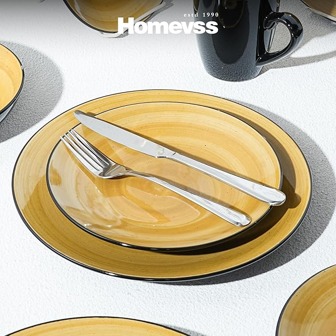 Sonoma 16 Piece Stoneware Dinner Set Outside Black + Inside Handpainted Color Yellow with speckle