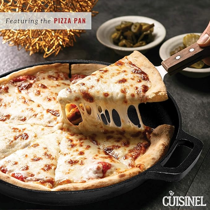 Cuisinel Cast Iron Cookware Set - 6-Pieces Pre-Seasoned Kit: 10+12 Skillet + Glass Lids + Pizza Pan + Pan Rack Organizer + Silicone Handle Covers + Scraper/Cleaner - Grill Camping Indoor/Outdoor