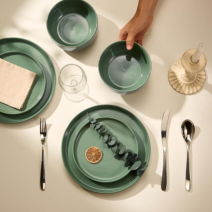 Ceramic Dinnerware Set 12-Piece Service for 4 Round Microwave and Dishwasher Safe Cambridge Classics (Dusty Jade)