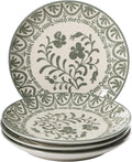 Bloomhouse - 2-Time Oprah’s Favorite Things - Valencia Flor 4 Piece 10.75” Dinner Plate Set Stoneware Plates Mediterranean Floral Decal Design Microwave &amp Dishwasher Safe Fern Green