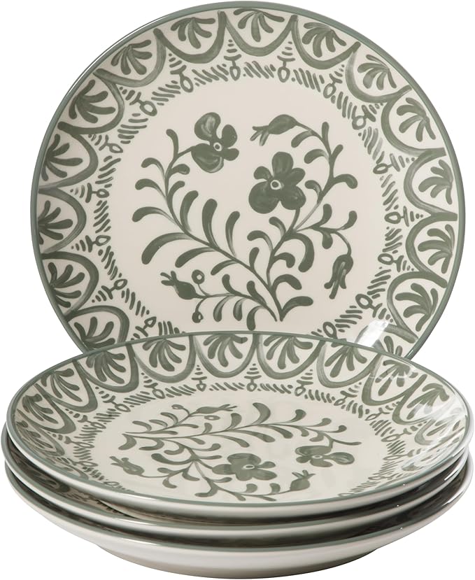 Bloomhouse - 2-Time Oprah’s Favorite Things - Valencia Flor 4 Piece 10.75” Dinner Plate Set Stoneware Plates Mediterranean Floral Decal Design Microwave &amp Dishwasher Safe Fern Green