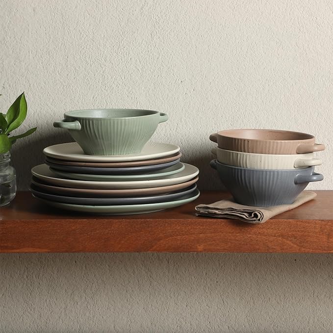 Gibson Elite Clover Hill 12-Piece Stoneware Dinnerware Set – Assorted Colors in Sage Green Charcoal Taupe &amp Cream – Embossed Reactive Glaze Plates &amp Bowls Microwave &amp Dishwasher Safe S