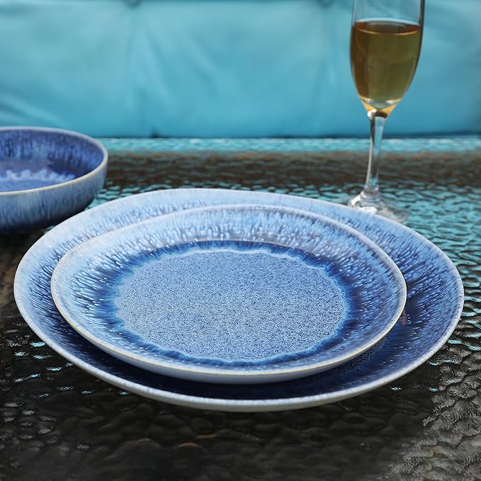 12 Pieces Stoneware Dinnerware Set Modern Reactive glaze Dish Set for 4 Premium Serving Plates and Bowls SetsSeries MOON(SKY BLUE)
