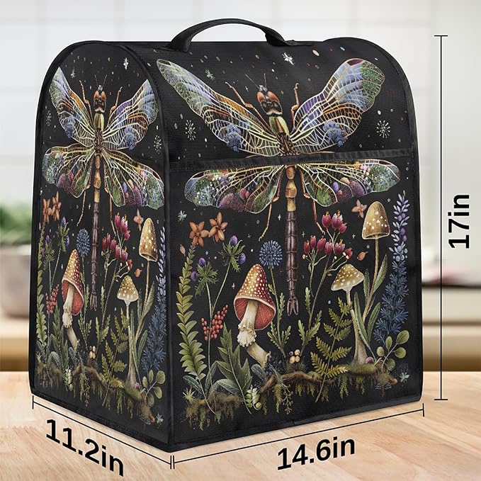 Kitchen Aid Mixer Cover Animal Dragonfly Flower Stand Mixer Cover Compatible with 6-8 Quarts Stand Mixers Dust Covers with Zipper Pocket Foldable Washable Kitchen Aid Organizer Bag