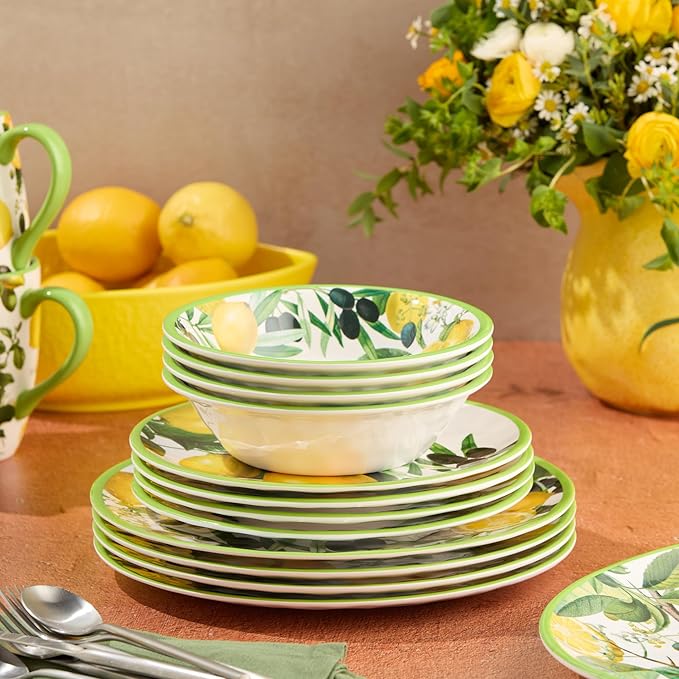 Limone 12-Piece Melamine Dinnerware Set - Citrus-Inspired Service for 4 Durable Shatterproof Dishwasher-Safe Plates and Bowls for Everyday Dining Outdoor Use and Entertaining