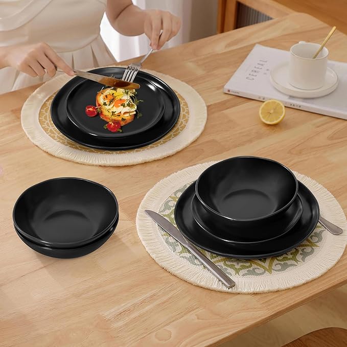 Herogo Stoneware Dinnerware Sets for 6 18 Piece Ceramic Dinner Dishes Set Irregular Handmade Plates and Bowls Dishware Crack and Scratch Resistant Reactive GlazeMatte Black