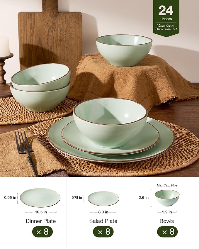 Famiware Venus Plates and Bowls Sets 24 Pieces Stoneware Speckled Dinnerware Dishes Set for 8 Light Green - Microwave &amp Dishwasher Safe Modern Minimalist for Everyday Meals &amp Formal Dining