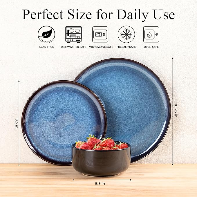 LERATIO Ceramic Dinnerware Sets for 412 Pieces Poreclain Plates and Bowls SetsScratch Resistant DishesDishwasher &amp Microwave SafeOven Safe Dishes SetService for 4 - Blue