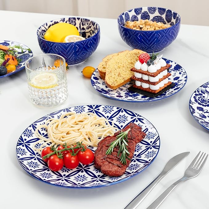 LEHAHA 12 Pieces Modern Porcelain Dinnerware SetService for 4 Ceramic Plates and Bowls Sets Kitchen Dinner Salad Dessert Plate and Cereal Bowl Set Ceramics Dishes Set Blue and White