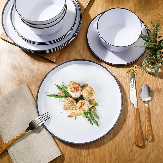Gibson Home Folsom Shores 12 Piece Unbreakable Modern Melamine Plates and Bowls Dinnerware Set - Outdoor Camping &amp Everyday Use - White W/Black Rim