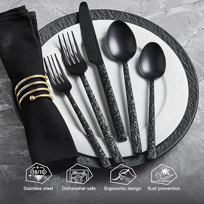 KINGSTONE 30 Pcs Black Hammered Silverware Set for 6 18/10 Stainless Steel Heavy Duty Flatware Set Tableware Cutlery Utensil Sets for Home Restaurant Dishwasher Safe