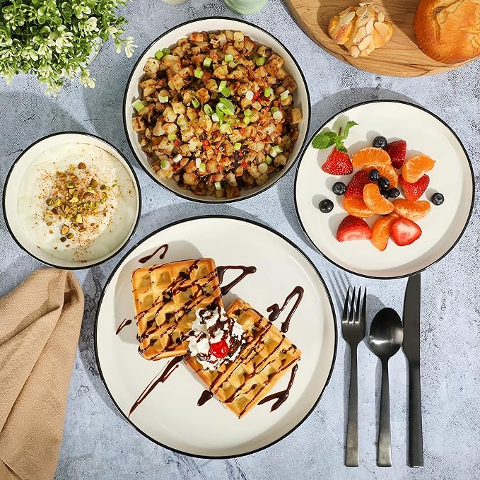 Gibson Home Oslo 16-Piece Porcelain Dinnerware Set Service for 4 – White Plates with Black Rim Microwave &amp Dishwasher Safe