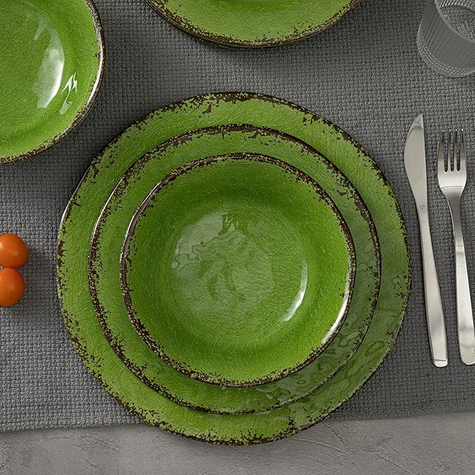 LEHAHA Melamine Dinnerware Set 12-Piece Dishes Set Lightweight and BPA Free Rustic Plates and Bowls Sets Service for 4 Indoor Outdoor Use Great for Patio Camping RVs (Green)