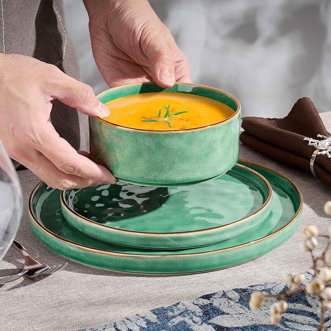 Herogo 12 Pieces Dinnerware Dish Sets for 4 Plates and Bowls Sets for Home Kitchen Ceramic Dining Dishware Dishwasher &amp Microwave Safe Gemstone Green