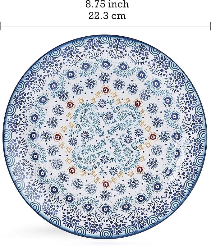 Bico Blue Talavera Ceramic 16 pcs Dinnerware Set Service for 4 Inclusive of 11 inch Dinner Plates 8.75 inch Salad Plates 26oz Cereal Bowls and Mugs for Party Microwave &amp Dishwasher Safe