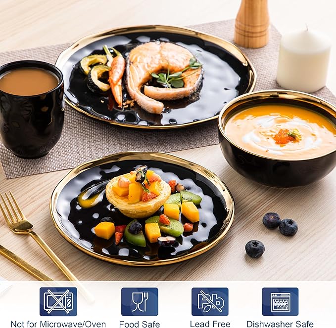 LOVECASA 16 Pieces Plates and Bowls Sets Porcelain Black and Gold Dinnerware Sets Round Dinner Plates Dishes Set Service for 4 Dishwasher Safe and Scratch Resistant Black