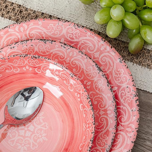 12-Piece Farmhouse Melamine Dinnerware Set Elegant Unbreakable plates and bowls sets BPA Free Dinner Dishes serving Set Service for 4 Perfect for Indoor/Outdoor Dining Peach pink Red