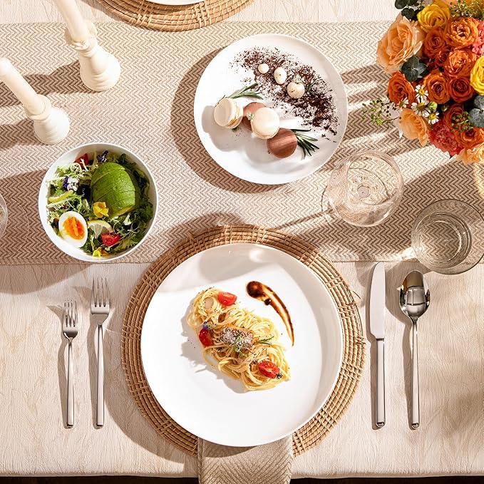 KINGSTONE 12-Piece Bone China Dinnerware Set for 4 Lightweight and Durable Microwave and Dishwasher Safe White Plates and Bowls for Everyday Use