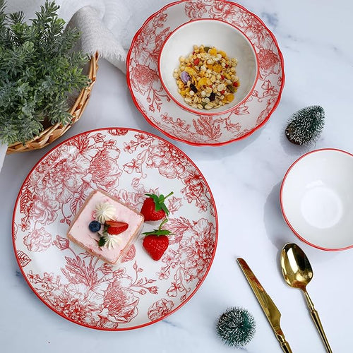 12-Piece Dinnerware Set with Red and White Plates Service for 4 Microwave and Dishwasher Safe