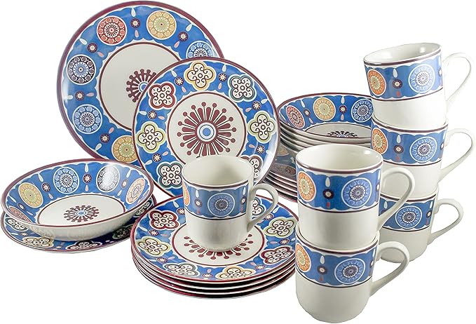 Tudor Royal Collection 24-Piece Premium Quality Round Porcelain Dinnerware Set Service for 6 - SUMAYA Blue See 10 Designs Inside!