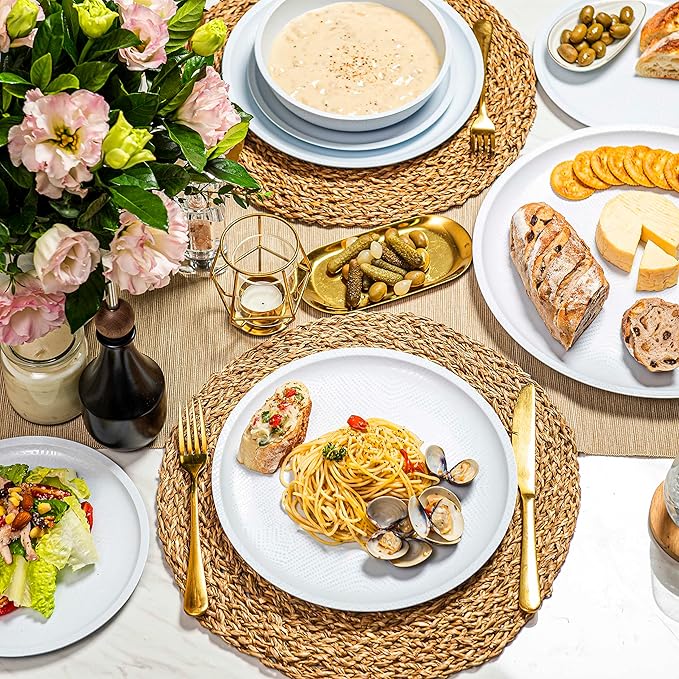 bzyoo 12 Piece Melamine Dinnerware Set - Durable Dishwasher Safe White Plates and Bowls - for Casual Dining Parties Dish Set White Mono Collection