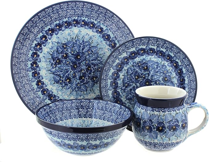 Blue Rose Polish Pottery - Blue Joanna 4 PC Place Setting - Service for 1-1 Place Setting - Great for Everyday Dining Casual Dining or as Formal Dinnerware