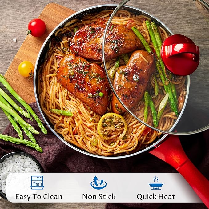 Induction Cookware Pots and Pans Set 10 Piece BEZIA Dishwasher Safe Nonstick Cooking Pans Stay-Cool Bakelite Handle Scratch Resistant Kitchen Sets with Frying Pans Saucepans &amp Stockpot (Red)