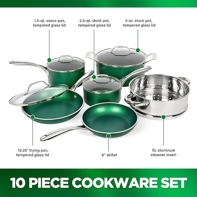 Granitestone Diamond Granite Stone Classic Emerald Pots and Pans Set with Ultra Nonstick Durable Mineral &amp Diamond Tripple Coated Surface Stainless Steel Stay Cool Handles 10 Piece Cookware Gre