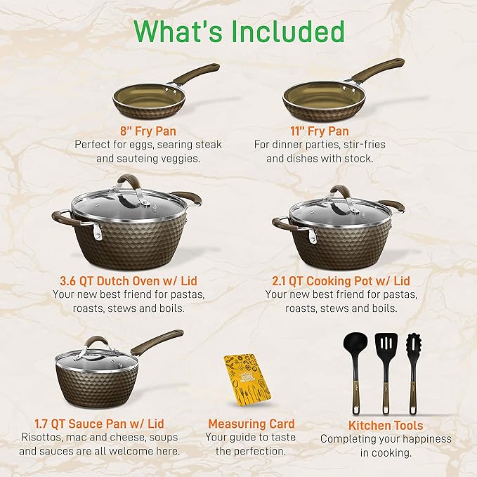 NutriChef 11-Piece Nonstick Kitchen Cookware Set - PTFE/PFOA/PFOS-Free Heat Resistant Kitchen Ware Pots Pan Set Coffee Ceramic Coating - Saucepot Pans Cooking Pot Oven Pot Lid Utensil NCCW11COF