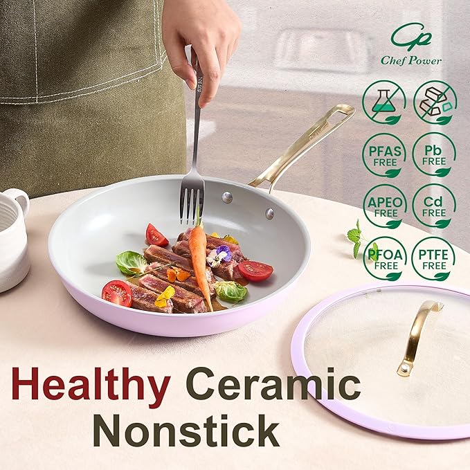 Chef Power Ceramic Cookware Sets 10Pcs Pots and Pans Set Non Stick Cookware Set with Stainless Steel Handle Dishwasher &amp Oven Safe Light Purple and Granite Grey