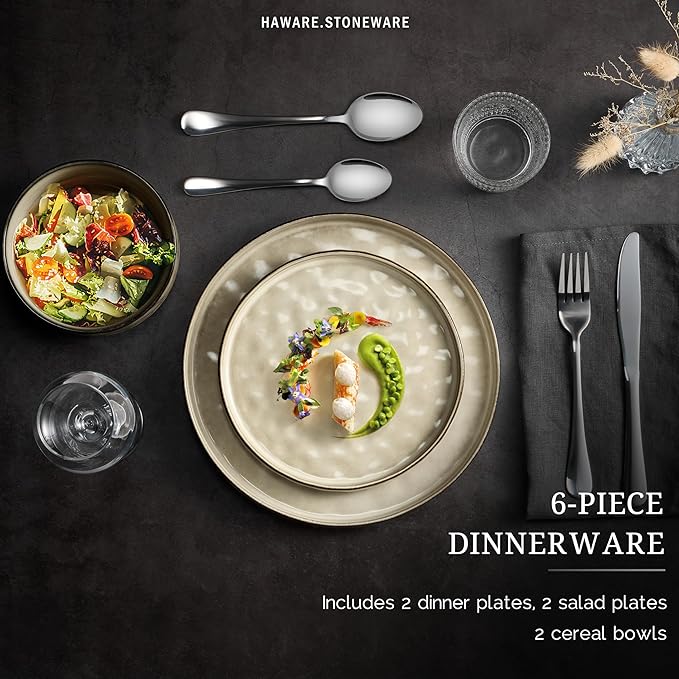 HaWare Dinnerware Sets 6-Piece Plates and Bowls Set Stoneware Dish Set for 2 Ceramic Dinnerware for Home Restaurant Chip and Scratch Resistant Microwave and Dishwasher Safe Saturn Khaki